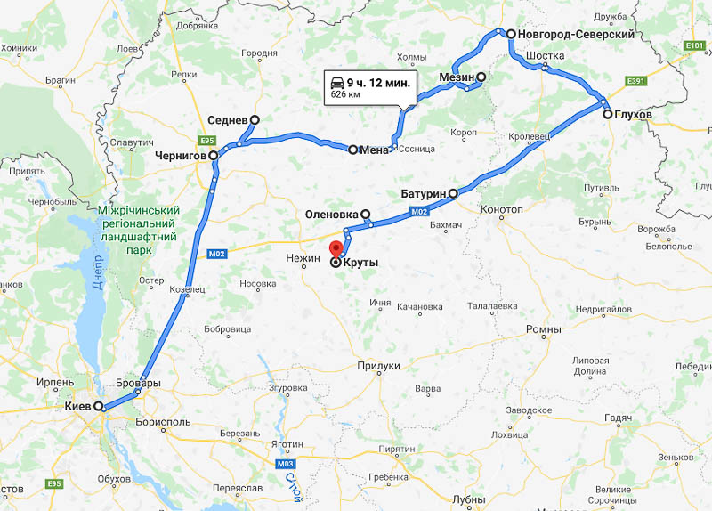 маршрут по Черниговской области - карта
