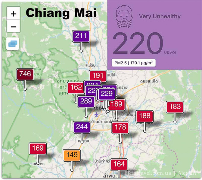 карта загрязнений воздуха на севере Таиланда