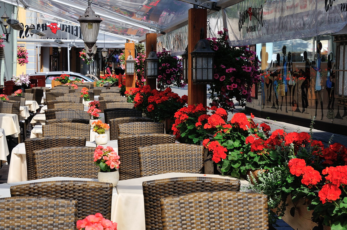 рижские кафе в центре города, украшенные цветами