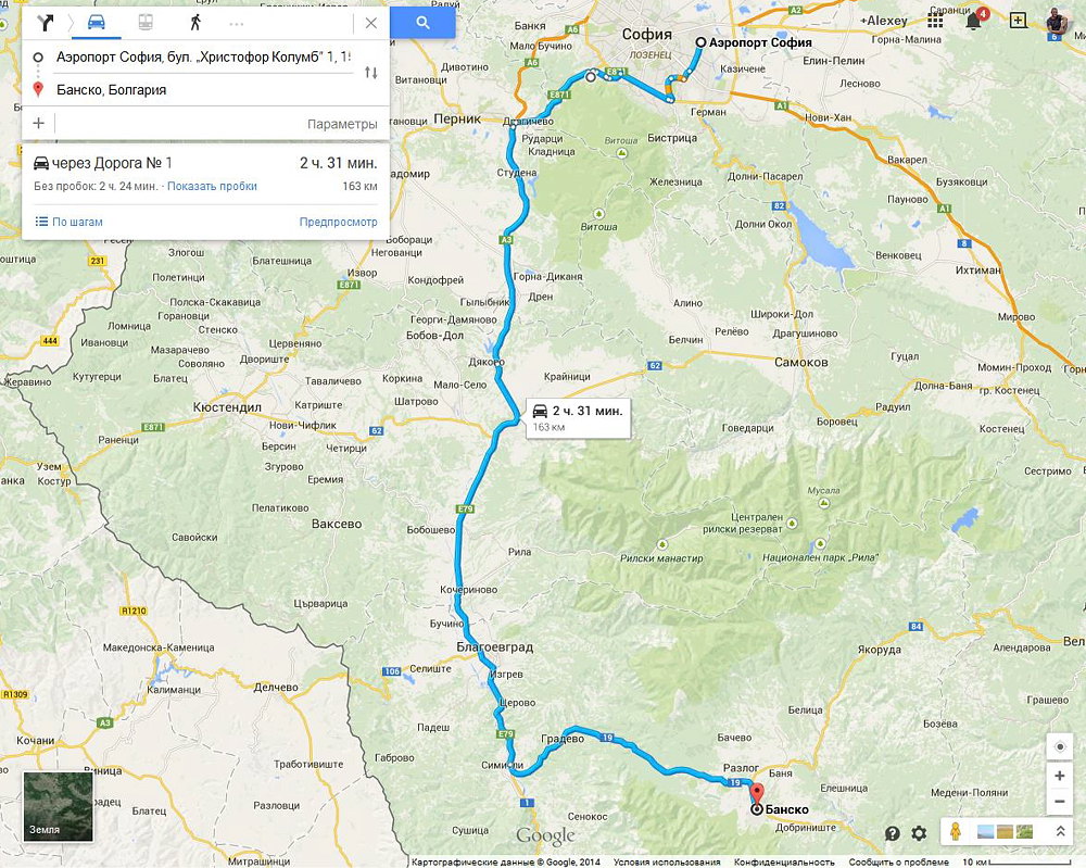 карта автомобильного маршрута из Софии в Банско