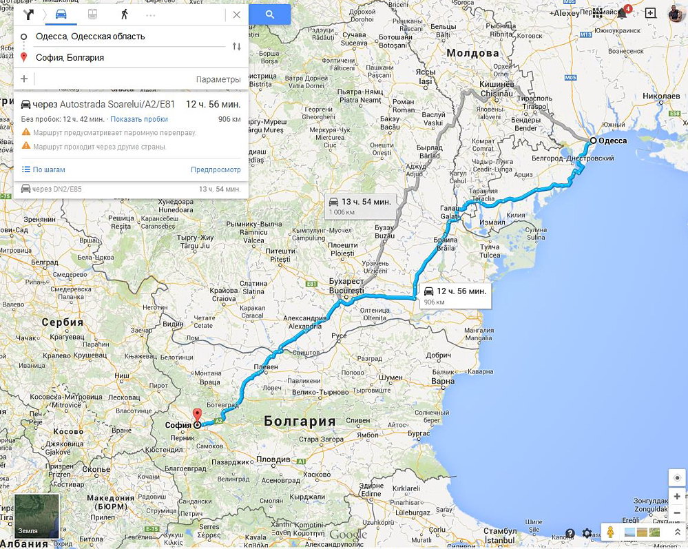 карта автомобильного маршрута из Одессы в Софию