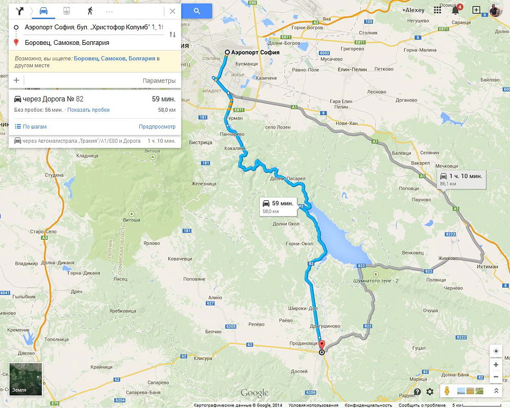 Карта автомобильного маршрута из Софии на курорт Боровец