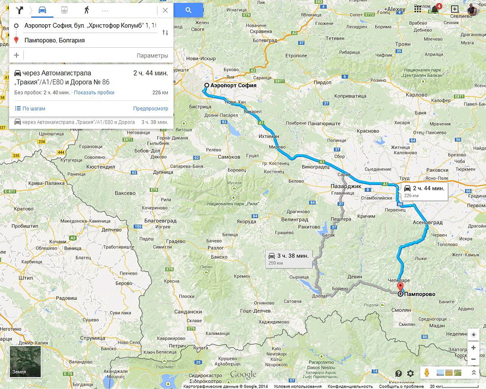 Карта автомобильного маршрута из Софии в Пампорово